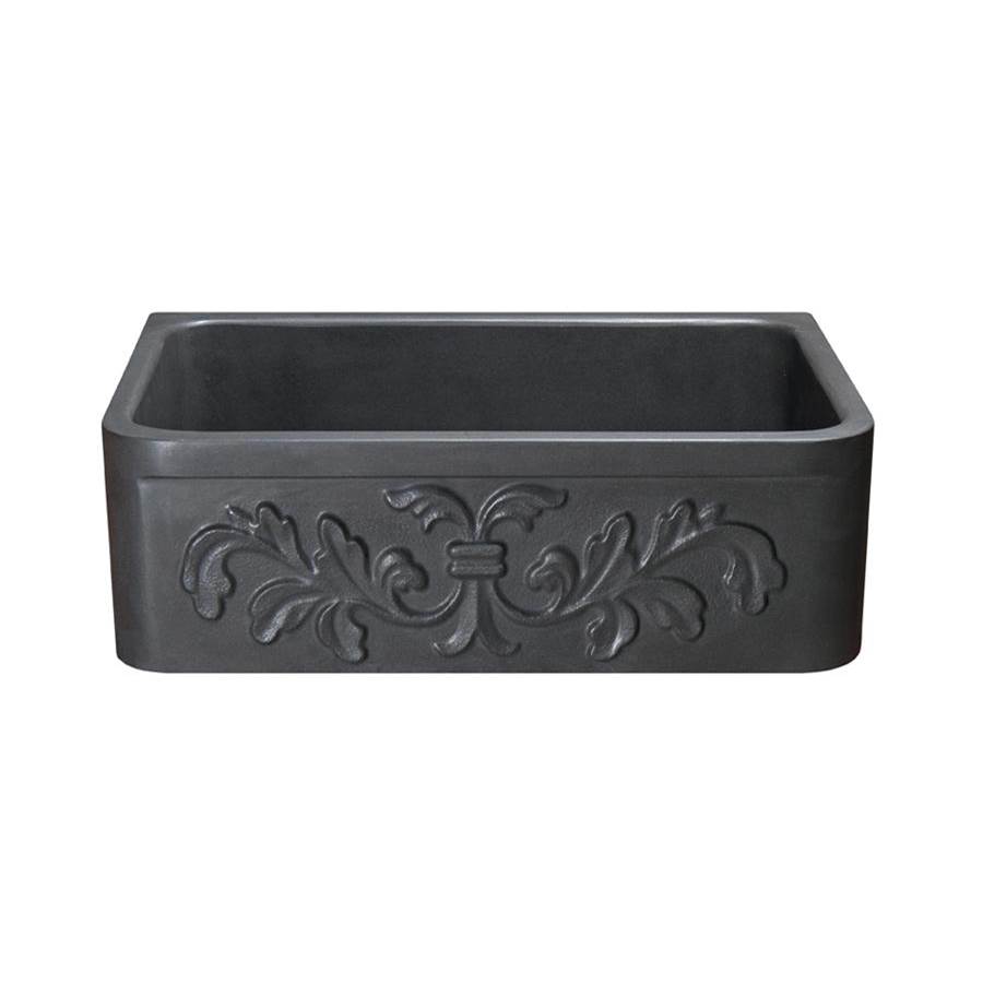 The Allstone Group 30'' Farmhouse Kitchen Sink, Floral Carving Front, Single Bowl, Black Basalt