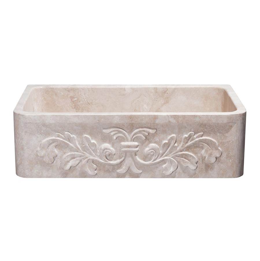 The Allstone Group 36'' Farmhouse Kitchen Sink, Single Bowl, Floral Carving Front, Reversible, Roma Travertine