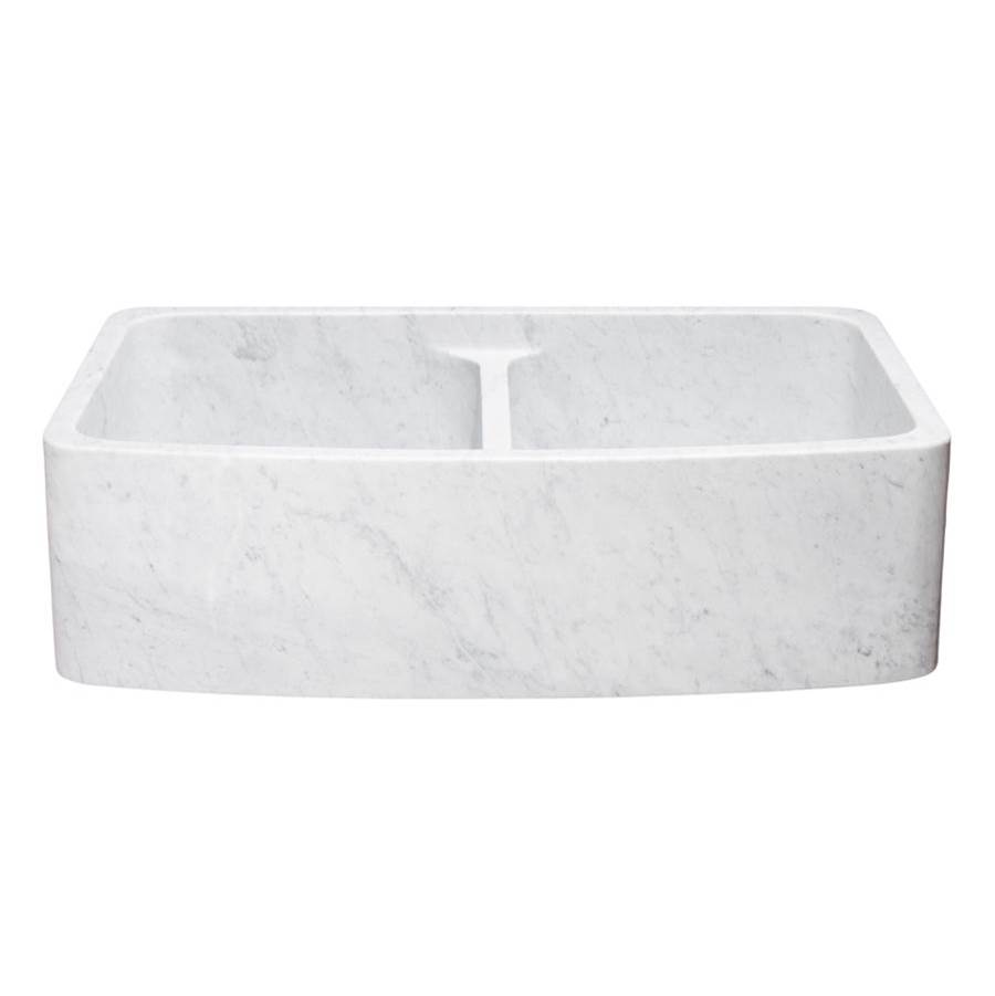 The Allstone Group 36'' Farmhouse Kitchen Sink, Double Bowl, Curved Front, Reversible, Carrara Marble