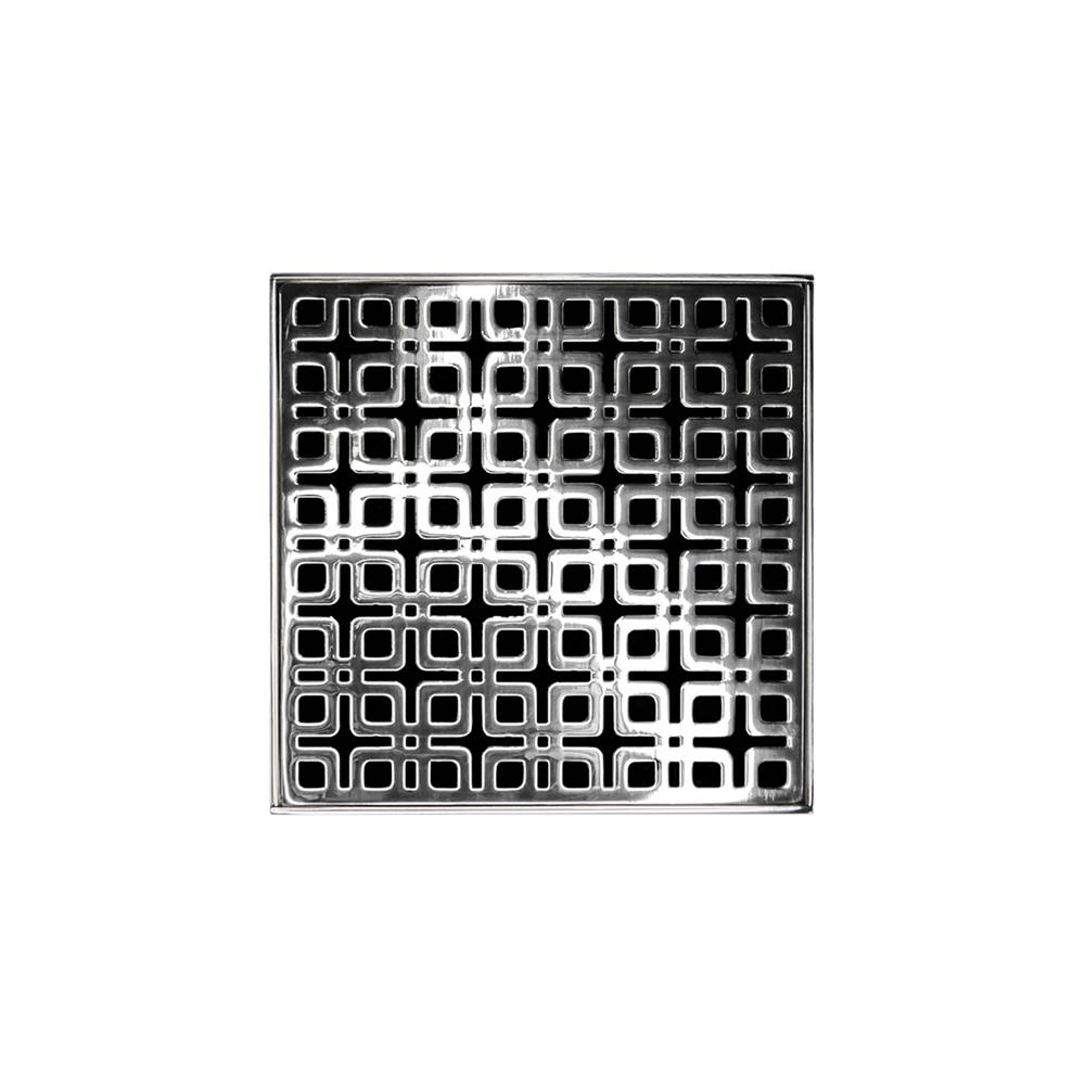 Infinity Drain 5'' x 5'' KDB 5 Complete Kit with Link Pattern Decorative Plate in Polished Stainless with PVC Bonded Flange Drain Body, 2'', 3'' and 4'' Outlet