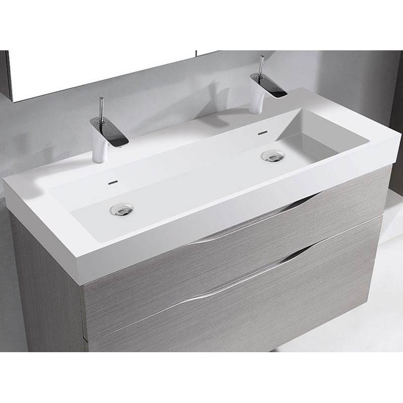 Madeli 18''D-Trough 48''W Solid Surface , Sink. Glossy White. 2-Bowls, No Faucet Hole. W/Overflow, Basin Depth: 5-3/4'', 47-7/8'' X 18-1/8'' X 4-1/2''