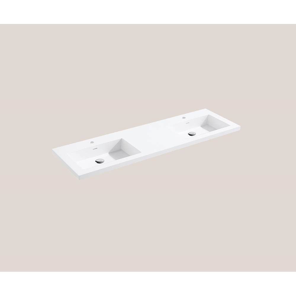 Madeli Urban-22 60''W Solid Surface, Top/Basin. Glossy White.2-Bowls, No Faucet Hole. W/Overflow, Basin Depth: 5-3/4'', 59-7/8'' X 22-3/16'' X 2''