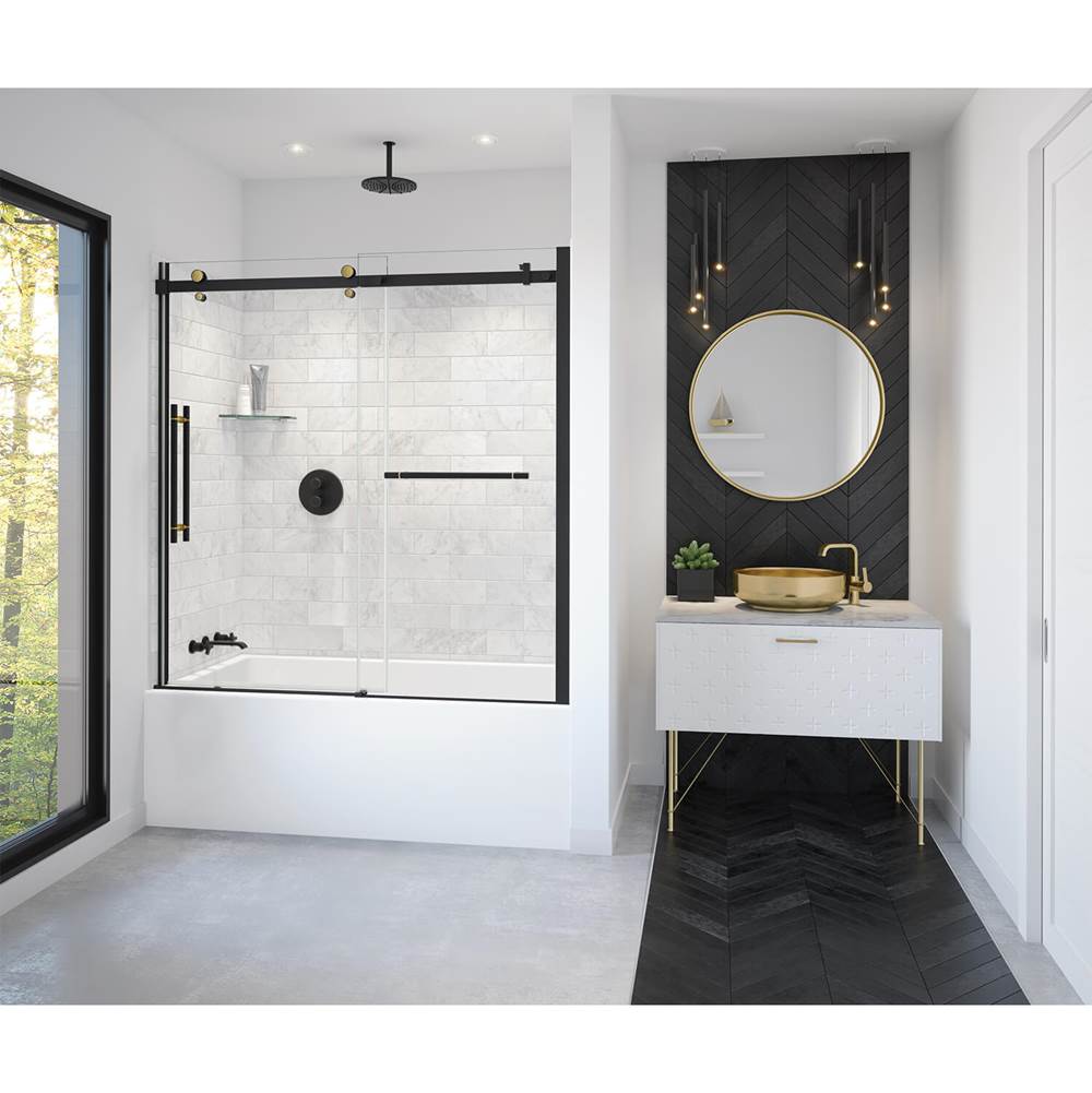 Maax Vela 56 1/2-59 x 59 in. 8 mm Sliding Tub Door with Towel Bar for Alcove Installation with Clear glass in Matte Black and Brushed Gold
