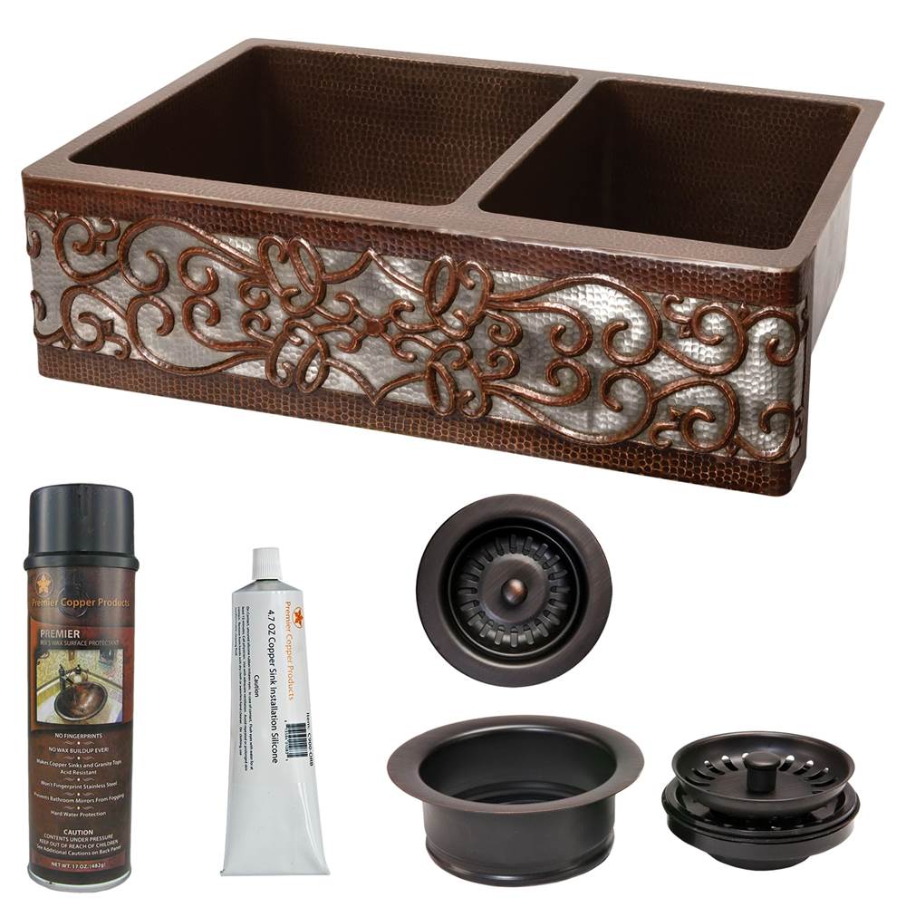 Premier Copper Products 33'' Hammered Copper Kitchen Apron 60/40 Double Basin Sink w/ Scroll Design and Apron Front Nickel Background w/ Matching Drains and Accessories