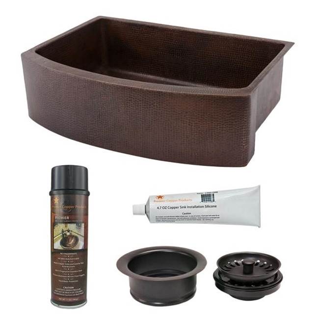 Premier Copper Products 30'' Hammered Copper Kitchen Rounded Apron Single Basin Sink with Matching Drains, and Accessories