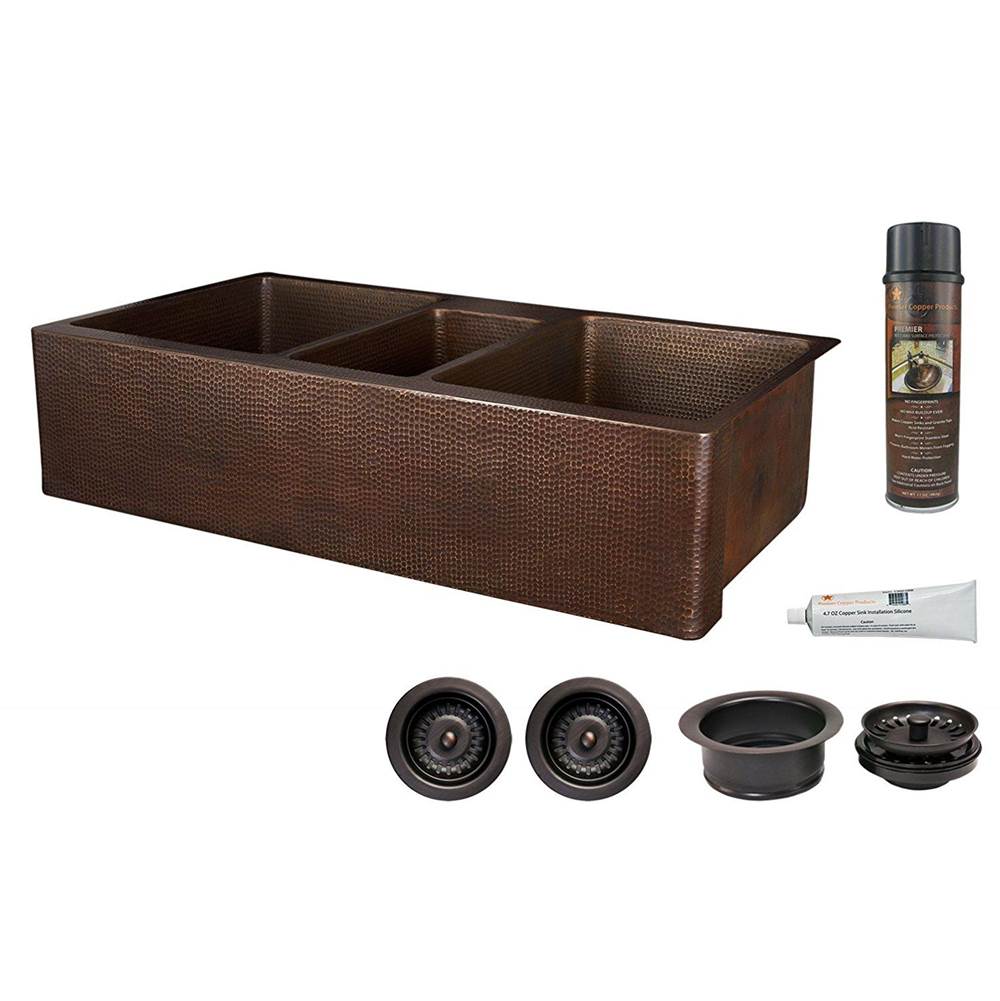 Premier Copper Products 42'' Hammered Copper Kitchen Apron Triple Basin Sink w/ Matching Drains and Accessories