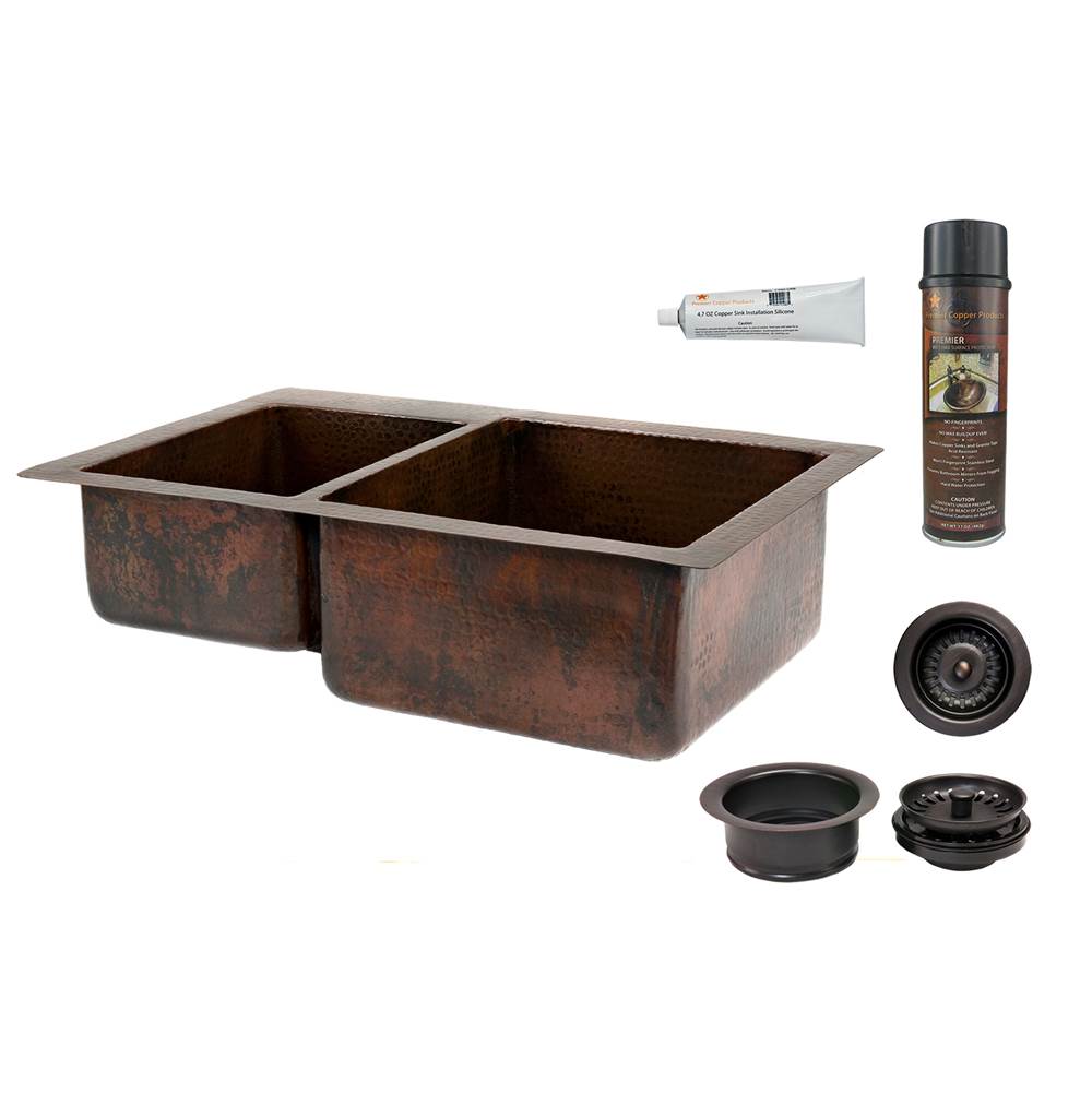 Premier Copper Products 33'' Hammered Copper Kitchen 40/60 Double Basin Sink with Matching Drains, and Accessories